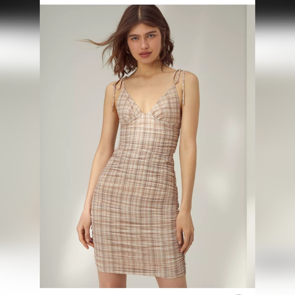 NWT Aritzia Wilfred Winona beige plaid ruched tie strap dress small